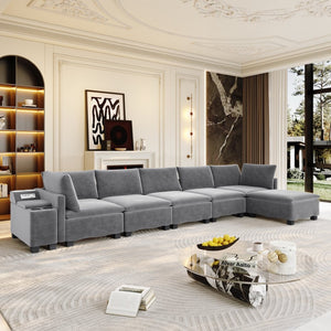 English Elm 121.2" Modular Cloud Sectional Chenille Sofa with Ottoman Sleeper and Smart Console Grey W3219S00017