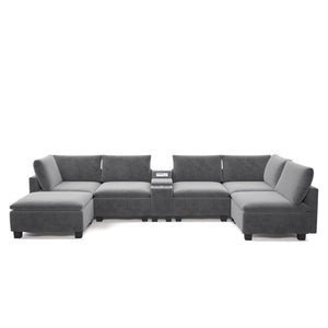 English Elm 121.2" Modular Cloud Sectional Chenille Sofa with Ottoman Sleeper and Smart Console Grey W3219S00017