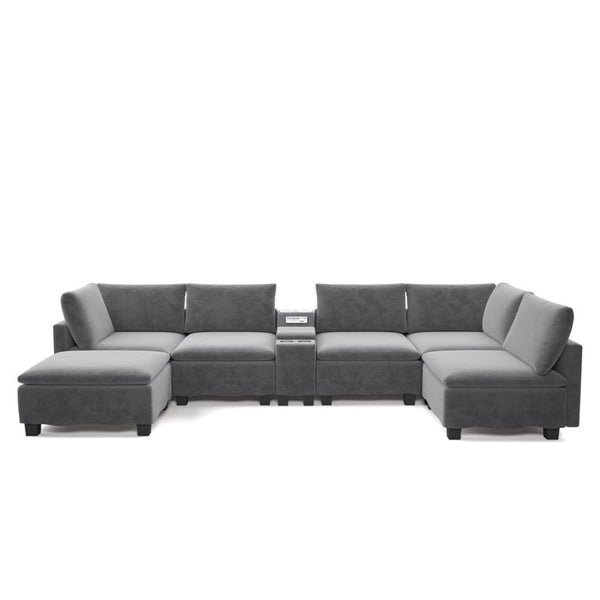English Elm 121.2" Modular Cloud Sectional Chenille Sofa with Ottoman Sleeper and Smart Console Grey W3219S00017