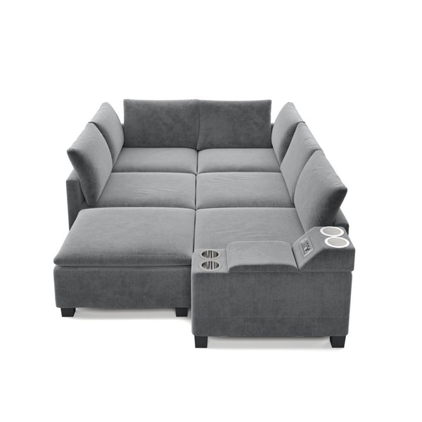 English Elm 121.2" Modular Cloud Sectional Chenille Sofa with Ottoman Sleeper and Smart Console Grey W3219S00017