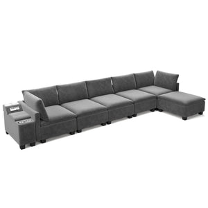 English Elm 121.2" Modular Cloud Sectional Chenille Sofa with Ottoman Sleeper and Smart Console Grey W3219S00017