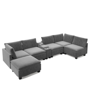 English Elm 121.2" Modular Cloud Sectional Chenille Sofa with Ottoman Sleeper and Smart Console Grey W3219S00017