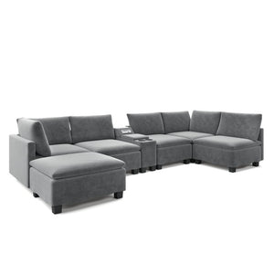 English Elm 121.2" Modular Cloud Sectional Chenille Sofa with Ottoman Sleeper and Smart Console Grey W3219S00017