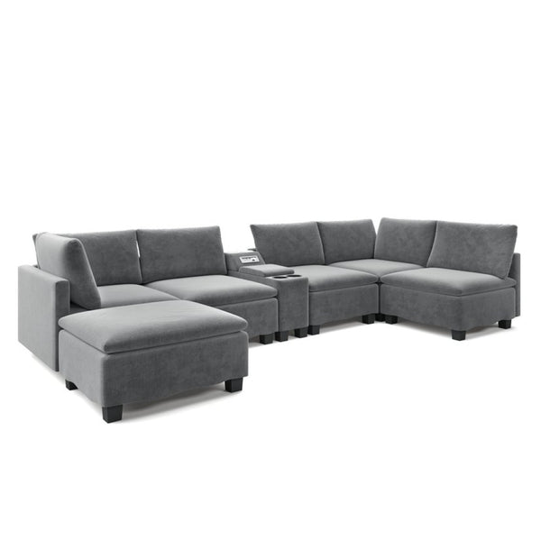 English Elm 121.2" Modular Cloud Sectional Chenille Sofa with Ottoman Sleeper and Smart Console Grey W3219S00017