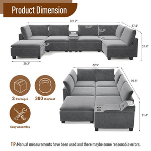 English Elm 121.2" Modular Cloud Sectional Chenille Sofa with Ottoman Sleeper and Smart Console Grey W3219S00017