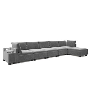 English Elm 121.2" Modular Cloud Sectional Chenille Sofa with Ottoman Sleeper and Smart Console Grey W3219S00017