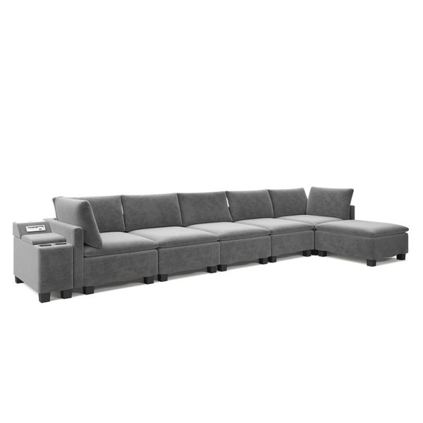 English Elm 121.2" Modular Cloud Sectional Chenille Sofa with Ottoman Sleeper and Smart Console Grey W3219S00017