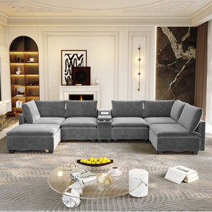 English Elm 121.2" Modular Cloud Sectional Chenille Sofa with Ottoman Sleeper and Smart Console Grey W3219S00017