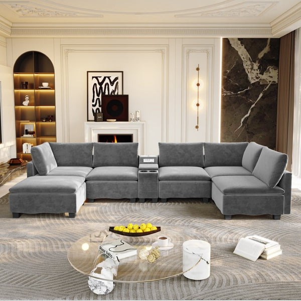 English Elm 121.2" Modular Cloud Sectional Chenille Sofa with Ottoman Sleeper and Smart Console Grey W3219S00017