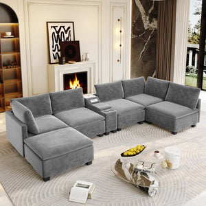 English Elm 121.2" Modular Cloud Sectional Chenille Sofa with Ottoman Sleeper and Smart Console Grey W3219S00017