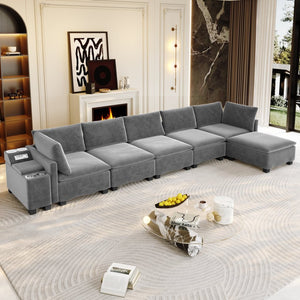 English Elm 121.2" Modular Cloud Sectional Chenille Sofa with Ottoman Sleeper and Smart Console Grey W3219S00017