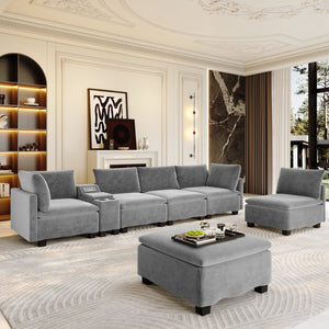 English Elm 121.2" Modular Cloud Sectional Chenille Sofa with Ottoman Sleeper and Smart Console Grey W3219S00017