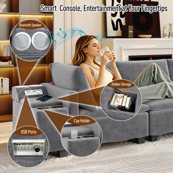 English Elm 121.2" Modular Cloud Sectional Chenille Sofa with Ottoman Sleeper and Smart Console Grey W3219S00017