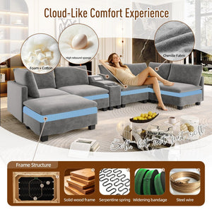 English Elm 121.2" Modular Cloud Sectional Chenille Sofa with Ottoman Sleeper and Smart Console Grey W3219S00017
