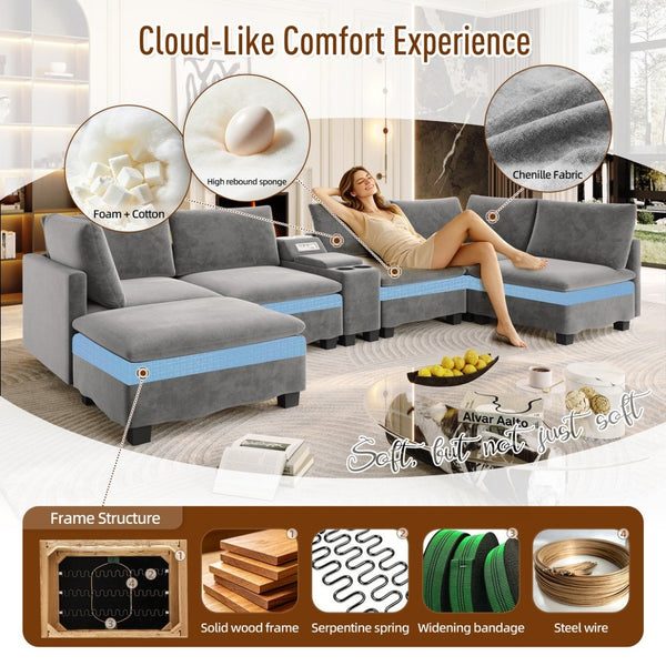 English Elm 121.2" Modular Cloud Sectional Chenille Sofa with Ottoman Sleeper and Smart Console Grey W3219S00017