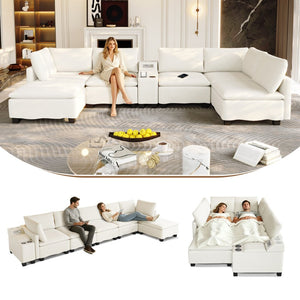 English Elm 121.2" Modular Cloud Sectional Chenille Sofa with Ottoman Sleeper and Smart Console Beige/White W3219S00018