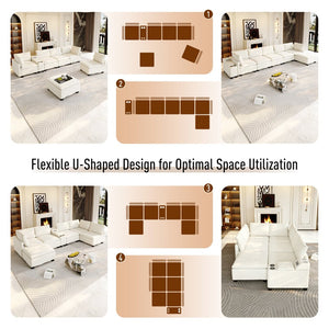 English Elm 121.2" Modular Cloud Sectional Chenille Sofa with Ottoman Sleeper and Smart Console Beige/White W3219S00018