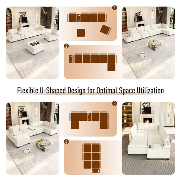 English Elm 121.2" Modular Cloud Sectional Chenille Sofa with Ottoman Sleeper and Smart Console Beige/White W3219S00018