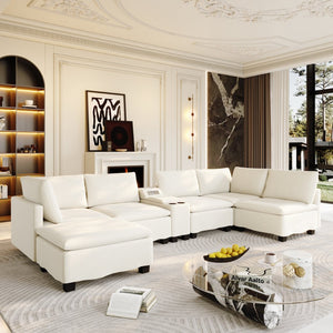 English Elm 121.2" Modular Cloud Sectional Chenille Sofa with Ottoman Sleeper and Smart Console Beige/White W3219S00018