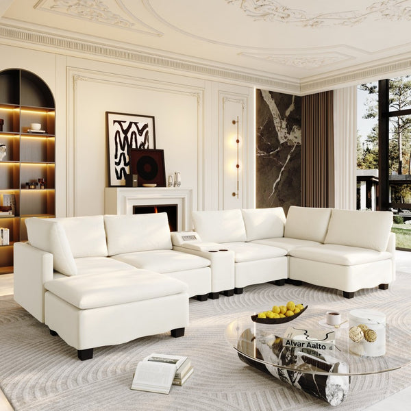 English Elm 121.2" Modular Cloud Sectional Chenille Sofa with Ottoman Sleeper and Smart Console Beige/White W3219S00018