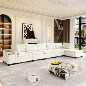 English Elm 121.2" Modular Cloud Sectional Chenille Sofa with Ottoman Sleeper and Smart Console Beige/White W3219S00018