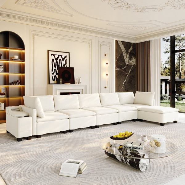 English Elm 121.2" Modular Cloud Sectional Chenille Sofa with Ottoman Sleeper and Smart Console Beige/White W3219S00018