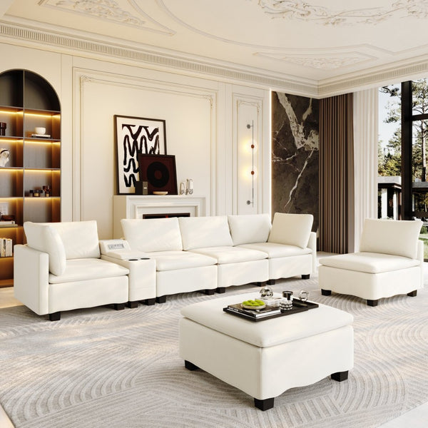 English Elm 121.2" Modular Cloud Sectional Chenille Sofa with Ottoman Sleeper and Smart Console Beige/White W3219S00018