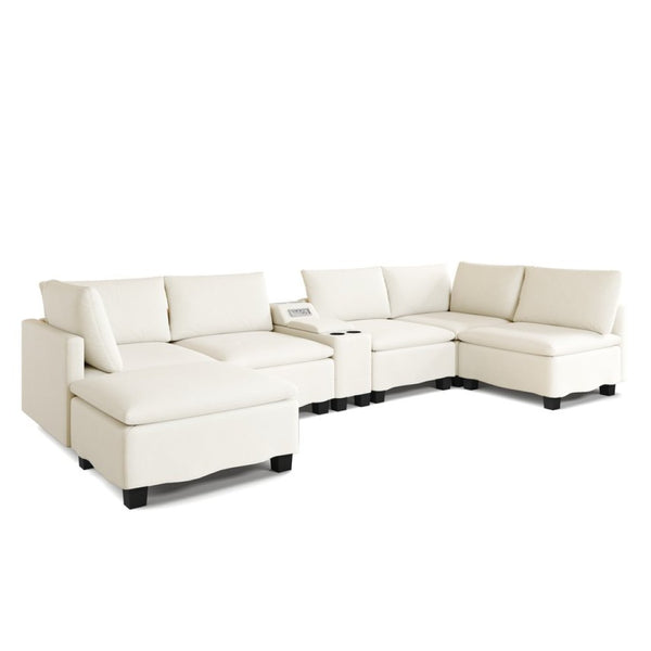 English Elm 121.2" Modular Cloud Sectional Chenille Sofa with Ottoman Sleeper and Smart Console Beige/White W3219S00018