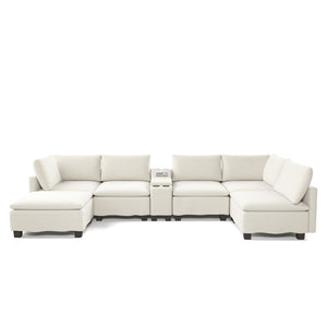 English Elm 121.2" Modular Cloud Sectional Chenille Sofa with Ottoman Sleeper and Smart Console Beige/White W3219S00018