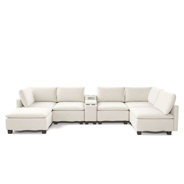 English Elm 121.2" Modular Cloud Sectional Chenille Sofa with Ottoman Sleeper and Smart Console Beige/White W3219S00018