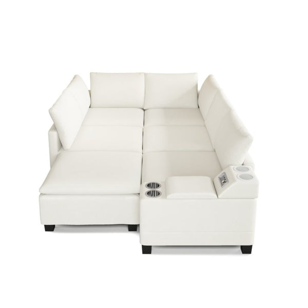 English Elm 121.2" Modular Cloud Sectional Chenille Sofa with Ottoman Sleeper and Smart Console Beige/White W3219S00018