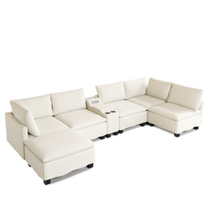 English Elm 121.2" Modular Cloud Sectional Chenille Sofa with Ottoman Sleeper and Smart Console Beige/White W3219S00018