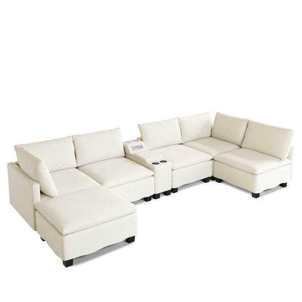 English Elm 121.2" Modular Cloud Sectional Chenille Sofa with Ottoman Sleeper and Smart Console Beige/White W3219S00018