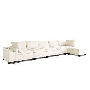 English Elm 121.2" Modular Cloud Sectional Chenille Sofa with Ottoman Sleeper and Smart Console Beige/White W3219S00018