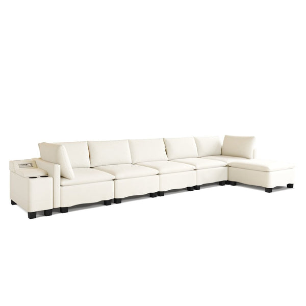 English Elm 121.2" Modular Cloud Sectional Chenille Sofa with Ottoman Sleeper and Smart Console Beige/White W3219S00018