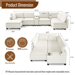 English Elm 121.2" Modular Cloud Sectional Chenille Sofa with Ottoman Sleeper and Smart Console Beige/White W3219S00018