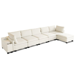 English Elm 121.2" Modular Cloud Sectional Chenille Sofa with Ottoman Sleeper and Smart Console Beige/White W3219S00018