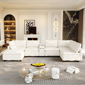 English Elm 121.2" Modular Cloud Sectional Chenille Sofa with Ottoman Sleeper and Smart Console Beige/White W3219S00018