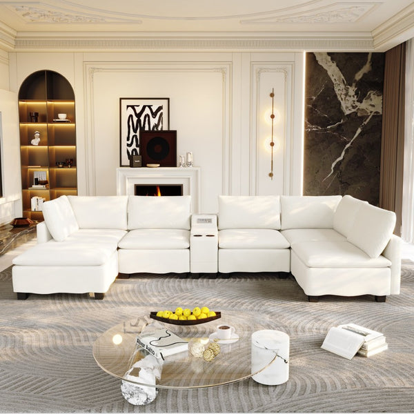 English Elm 121.2" Modular Cloud Sectional Chenille Sofa with Ottoman Sleeper and Smart Console Beige/White W3219S00018