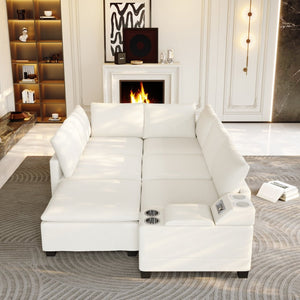 English Elm 121.2" Modular Cloud Sectional Chenille Sofa with Ottoman Sleeper and Smart Console Beige/White W3219S00018