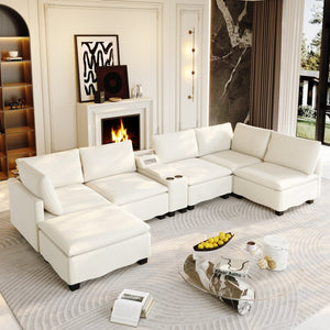 English Elm 121.2" Modular Cloud Sectional Chenille Sofa with Ottoman Sleeper and Smart Console Beige/White W3219S00018