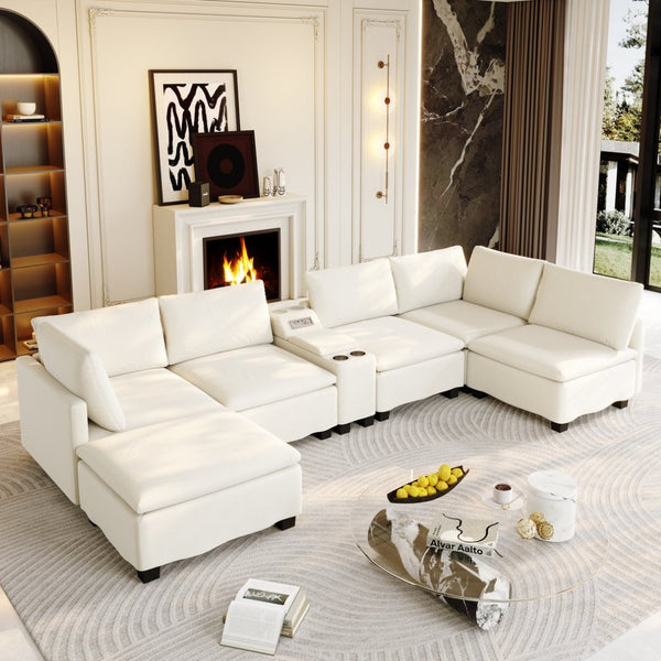 English Elm 121.2" Modular Cloud Sectional Chenille Sofa with Ottoman Sleeper and Smart Console Beige/White W3219S00018