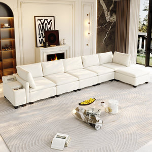English Elm 121.2" Modular Cloud Sectional Chenille Sofa with Ottoman Sleeper and Smart Console Beige/White W3219S00018