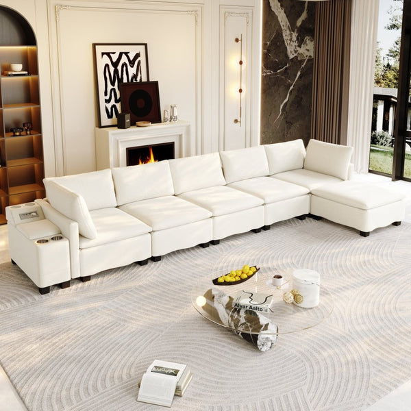 English Elm 121.2" Modular Cloud Sectional Chenille Sofa with Ottoman Sleeper and Smart Console Beige/White W3219S00018