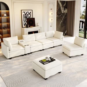 English Elm 121.2" Modular Cloud Sectional Chenille Sofa with Ottoman Sleeper and Smart Console Beige/White W3219S00018