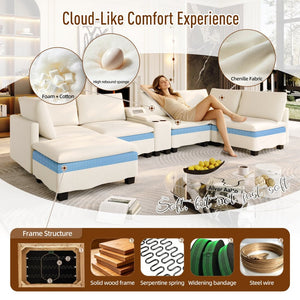 English Elm 121.2" Modular Cloud Sectional Chenille Sofa with Ottoman Sleeper and Smart Console Beige/White W3219S00018