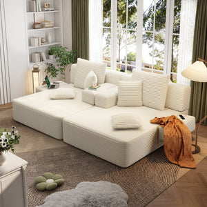 English Elm Oversized Plush Corduroy Convertible Chaise Lounge Sleeper with Storage Pocket Pillows Beige/White W3219S00019