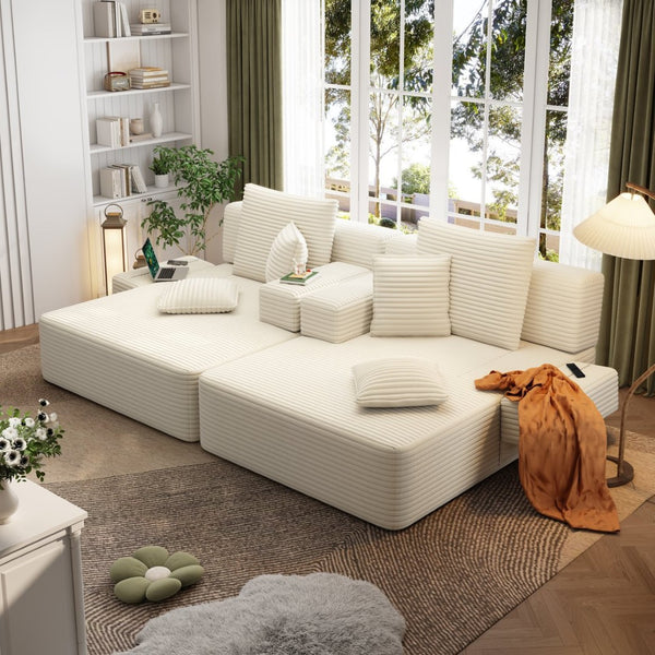 English Elm Oversized Plush Corduroy Convertible Chaise Lounge Sleeper with Storage Pocket Pillows Beige/White W3219S00019