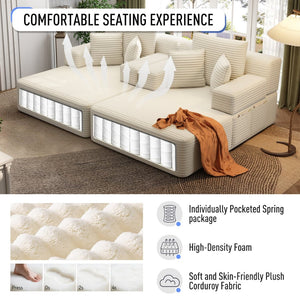 English Elm Oversized Plush Corduroy Convertible Chaise Lounge Sleeper with Storage Pocket Pillows Beige/White W3219S00019