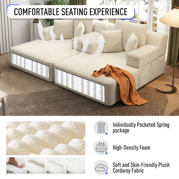 English Elm Oversized Plush Corduroy Convertible Chaise Lounge Sleeper with Storage Pocket Pillows Beige/White W3219S00019
